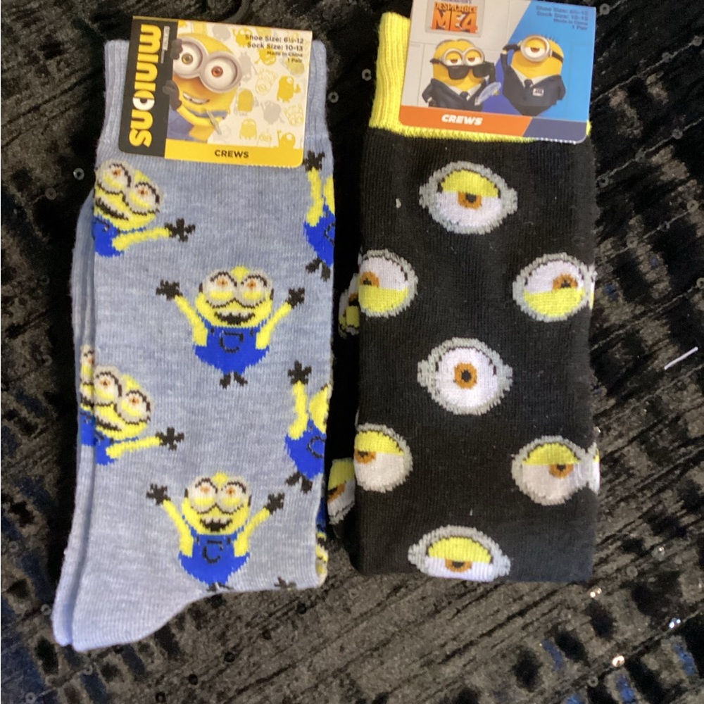 2 Pairs: Universal Minions Crew Socks - Gray, Blue, Yellow and Black 6 1/2-12